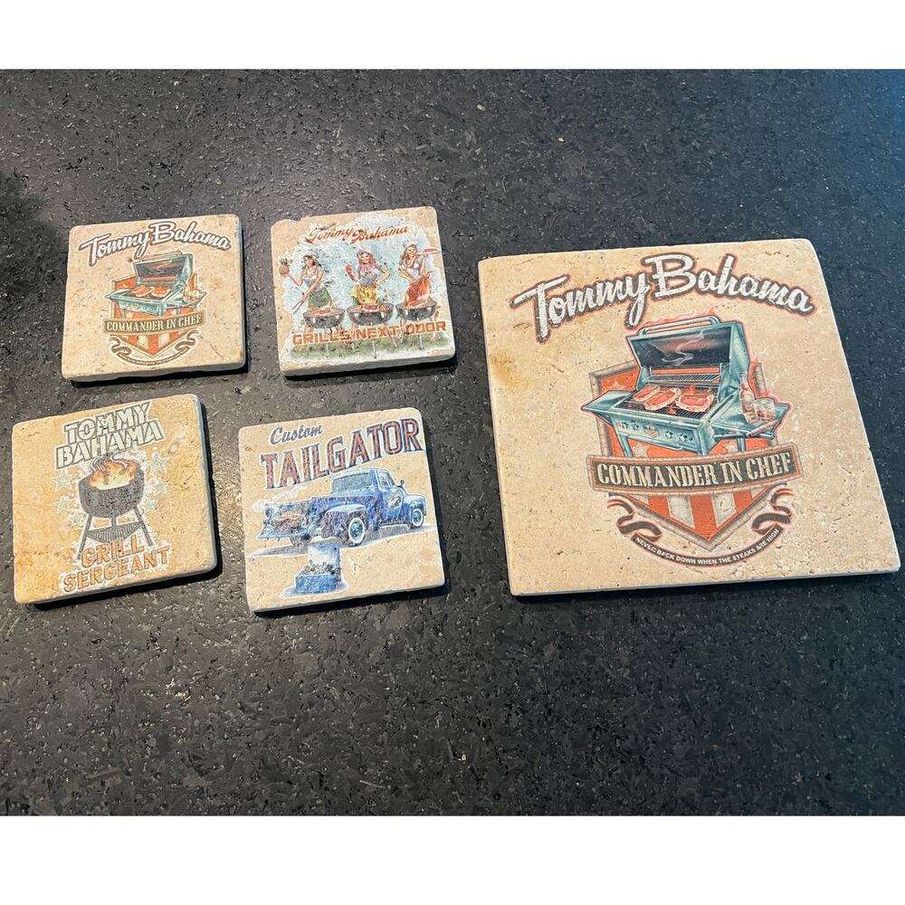 set of 5  Tommy Bahama stone coasters matching trivet plate BBQ Hawaiian